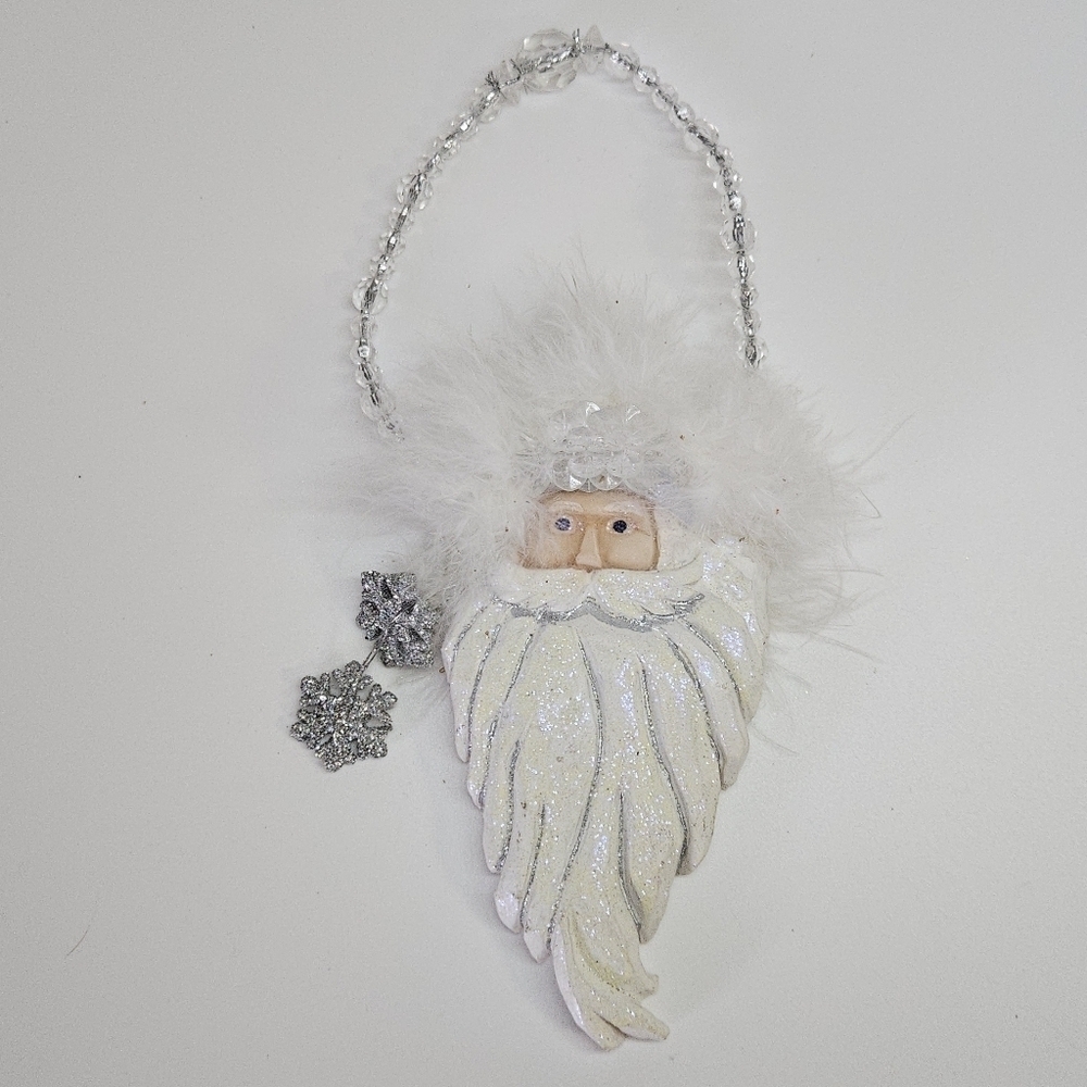 VINTAGE Feather and Glitter White Santa Claus Head Ornament Beaded Christmas
